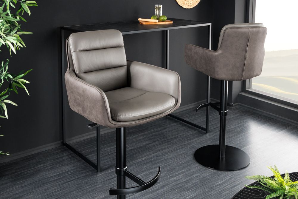 Drehbarer Design Barhocker BIG GEORGE taupe Echtleder Microfaser höhenverstellbar mit Armlehnen