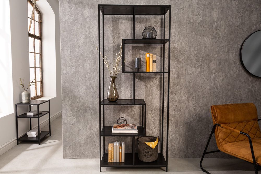 Industrial Bücherregal SLIM LINE 185cm Esche schwarz sechs Regalböden
