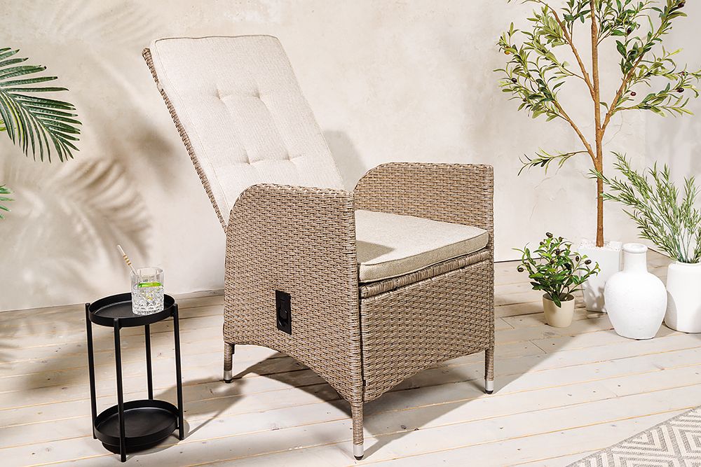 Outdoor Gartenstuhl SYLT natur beige Polyrattan Hochlehner mit Armlehne verstellbar wetterfest