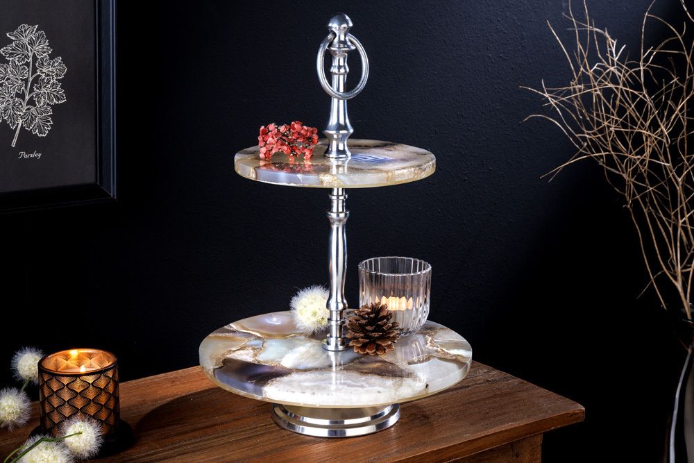 Deko Etagere NOBLE 35cm silber Edelstein handmade Achat Quarz Aluminium