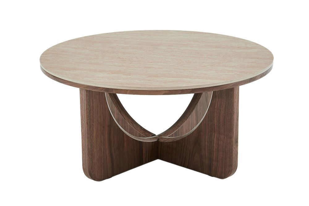 Runder Couchtisch ENSO 80cm champagner greige Travertin Keramik Walnussholz