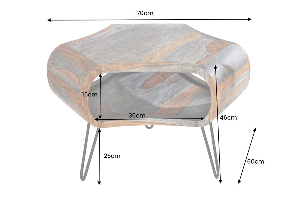 Retro Couchtisch ORGANIC LIVING 70cm grau Sheesham Massivholz mit Stauraum Hairpin Legs