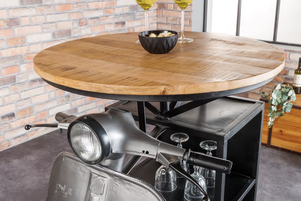 Vintage Bartisch UPCYCLING SCOOTER 120cm silber Mangoholz rund handmade