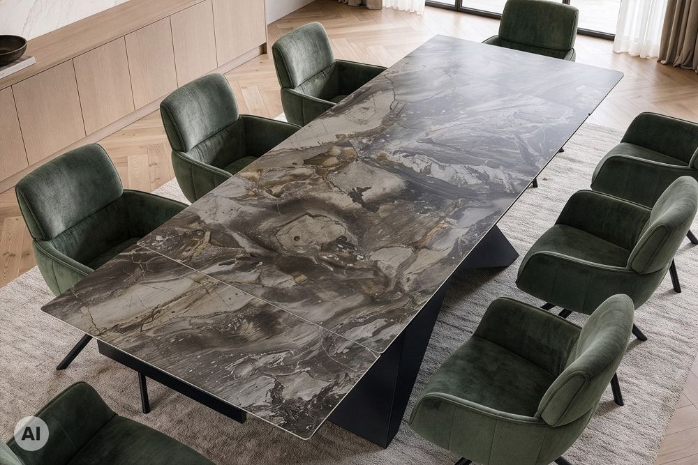 Design Esstisch DIAMOND 180-260cm taupe Keramik Metallgestell schwarz