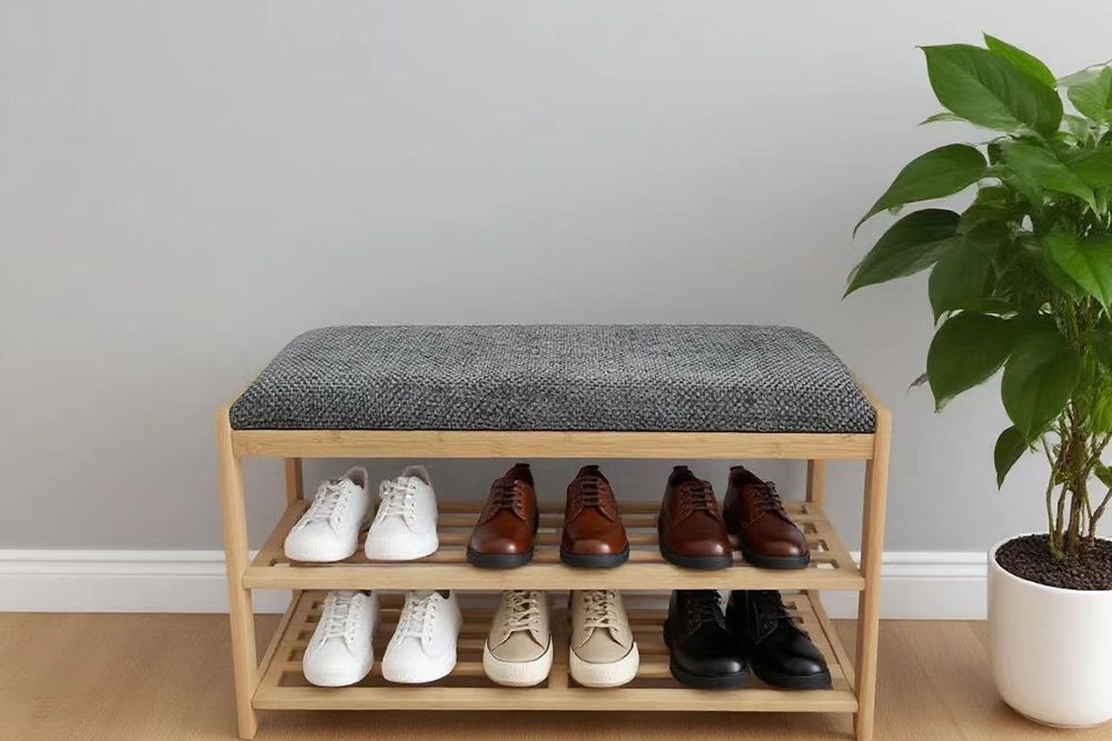 Stilvolle Schuhbank ZEN-BO 80cm natur grau Bambus Regal Sitzbank mit Stauraum