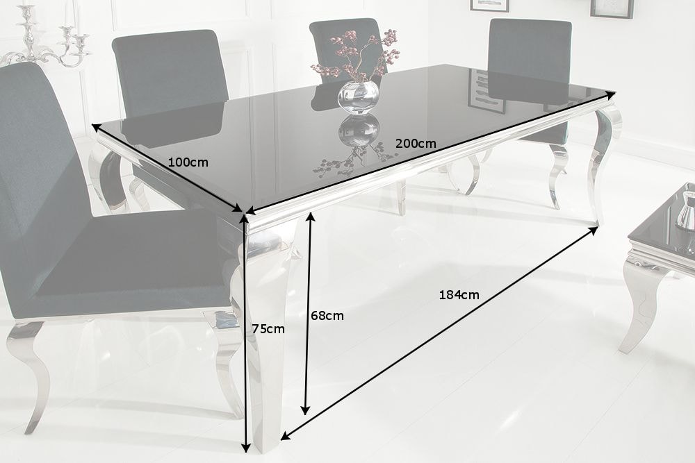 Eleganter Design Esstisch MODERN BAROCK 200cm schwarz Opalglas Tischplatte Edelstahl