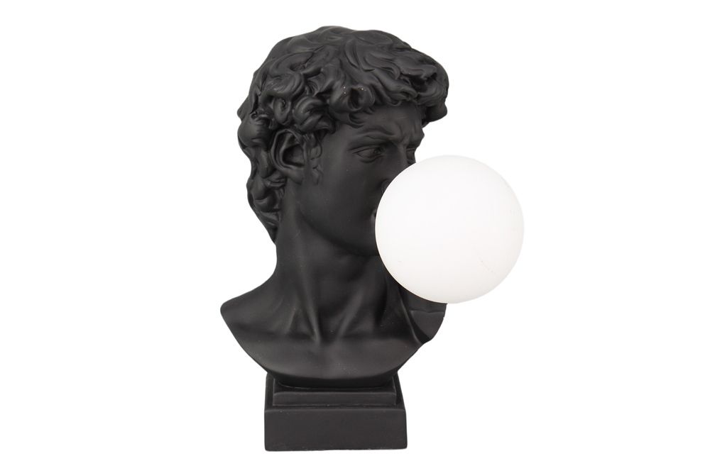 Handgefertigte Tischlampe DAVID 30cm schwarz Büste mit weißer Lampenkugel