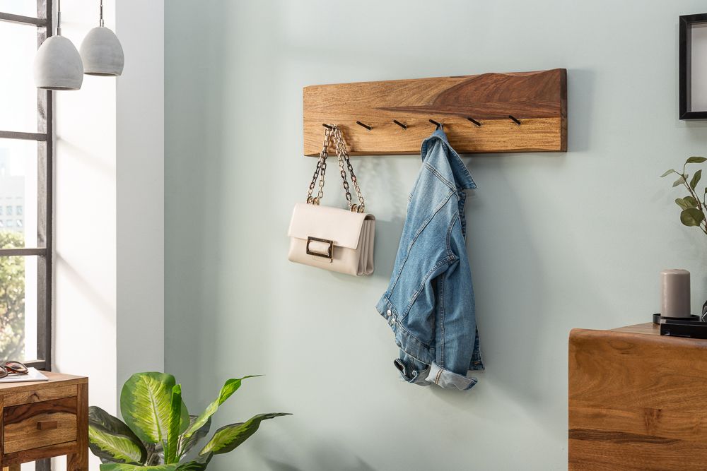 Massivholz Wandgarderobe MAMMUT 80cm braun Sheesham stone finish 6 Kleiderhaken
