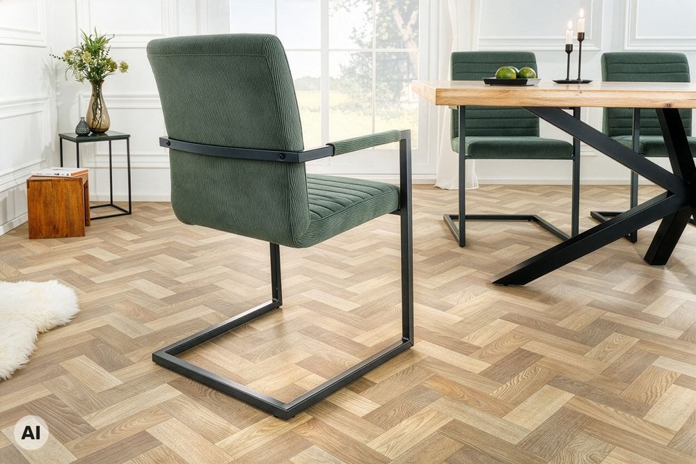 Industrial Freischwinger LOFT grün Cord schwarz Eisen mit Armlehne