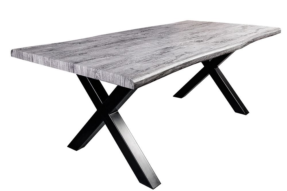 Industrial Esstisch WILD 160cm grau gekälkt Wildeiche-Design Baumkante schwarz  X-Gestell