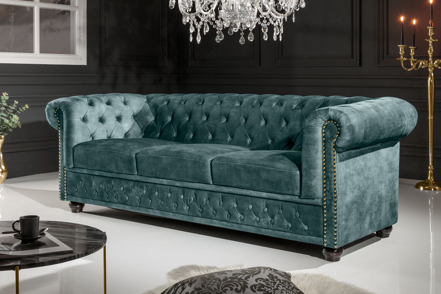 Chesterfield 3-Sitzer Sofa 205cm petrol Samt Federkern Goldnieten Knopfheftung