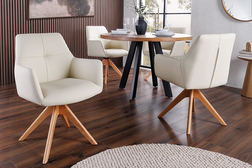 Drehbarer Stuhl ALMARA beige sand Echtleder 360° Taschenfederkern natur Eiche Massivholz » Jetzt kaufen
