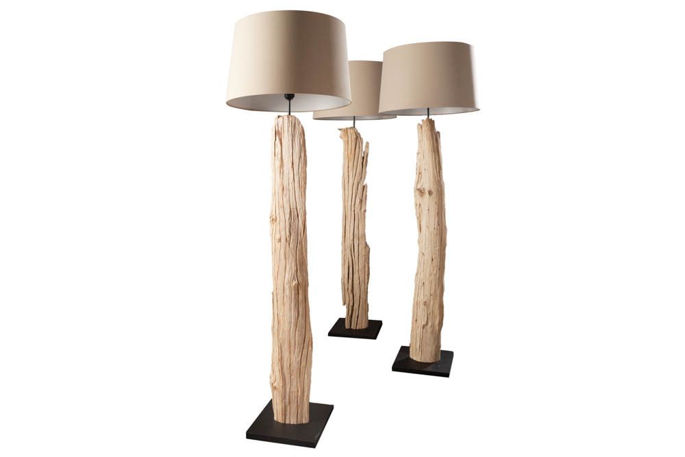 Handmade Stehlampe ROUSILIQUE 180cm beige Treibholzlampe Leinenschirm Baumstamm