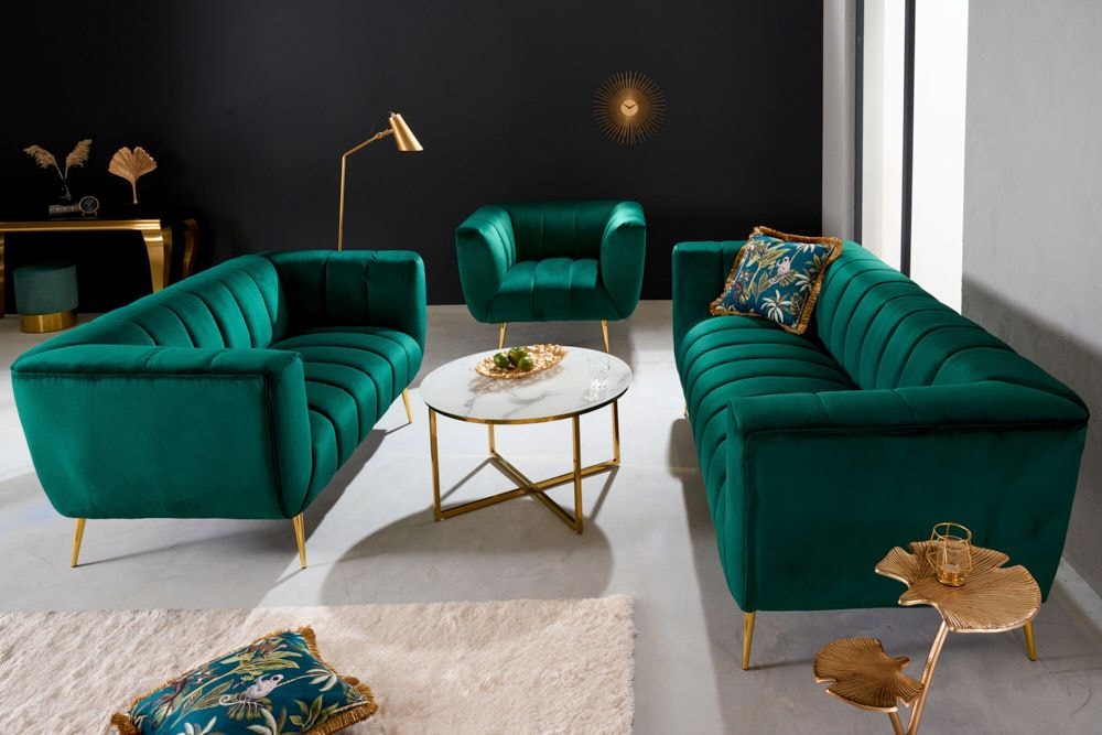 Design 2-Sitzer Sofa NOBLESSE 165cm smaragdgrün Samt Federkern goldene Metallfüße