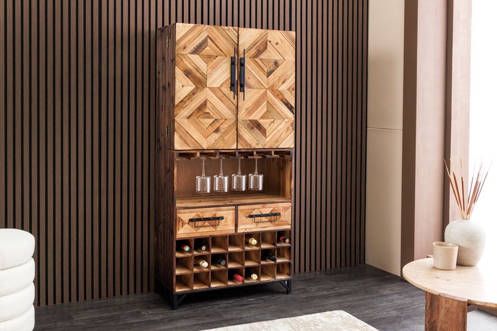 Design Barschrank BODEGA 160cm natur Pinienholz Weinregal Glashalter Schubladen