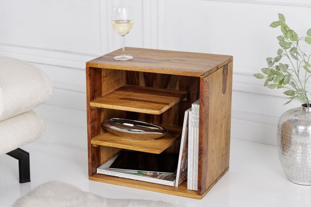 Massivholz Beistelltisch CUBUS 45cm braun Sheesham stone finish Regal Nachttisch