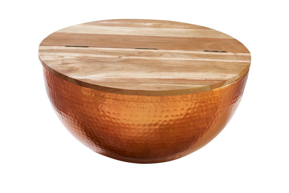 Runder Couchtisch ORIENT STORAGE 60cm kupfer Hammerschlag handmade Akazienholz mit Stauraum