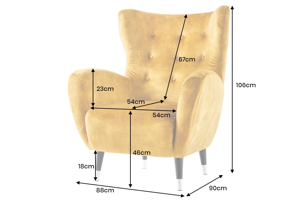 Design Sessel DON senfgelb Samt Federkern silberne Fußkappen