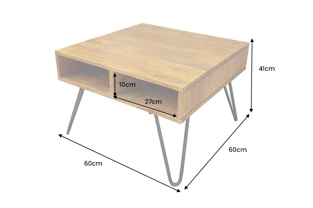 Massiver Couchtisch SCORPION 60cm braun honey finish Mangoholz mit Hairpin Legs