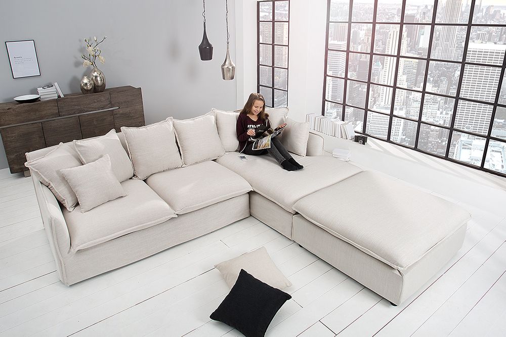 Großes Ecksofa HEAVEN 255cm natur beige Leinenstoff Federkern inkl. Kissen