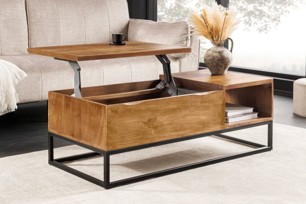 Höhenverstellbarer Couchtisch MAKASSAR FUNCTION 110cm braun Mangoholz honey finish