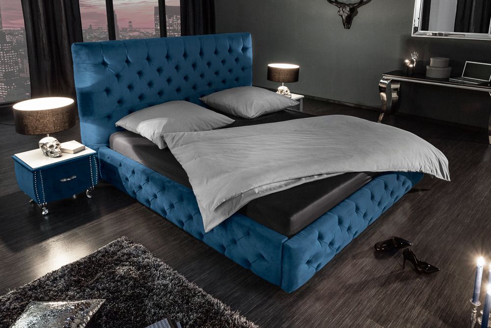 Design Doppelbett PARIS 180x200cm dunkelblau Samt Chesterfield