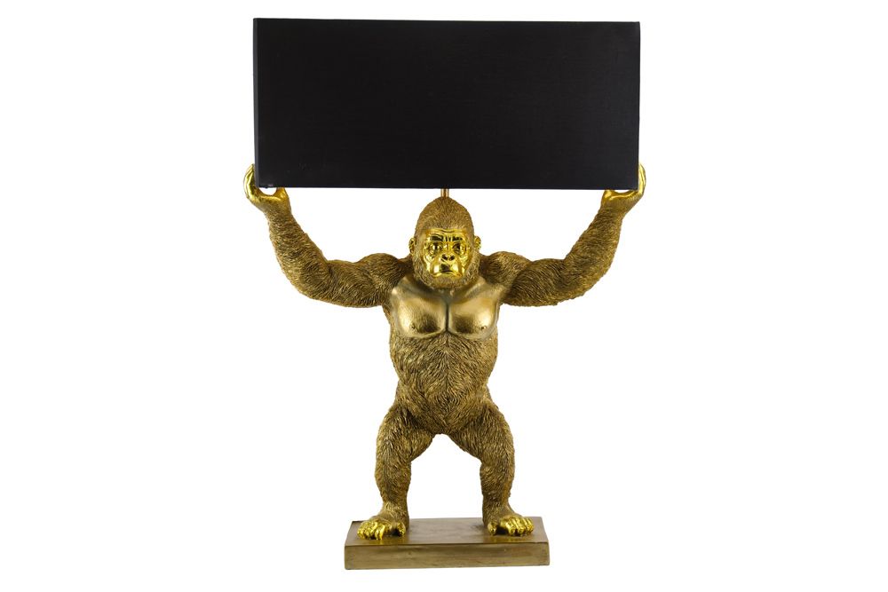 Handgefertigte Tischlampe KING APE 70cm schwarz gold Stoffschirm Affen-Skulptur