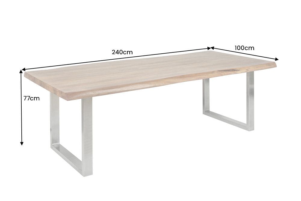 Vollmassiver Esstisch MAMMUT 240cm Akazie U-Gestell Edelstahl Baumkante 6cm Tischplatte