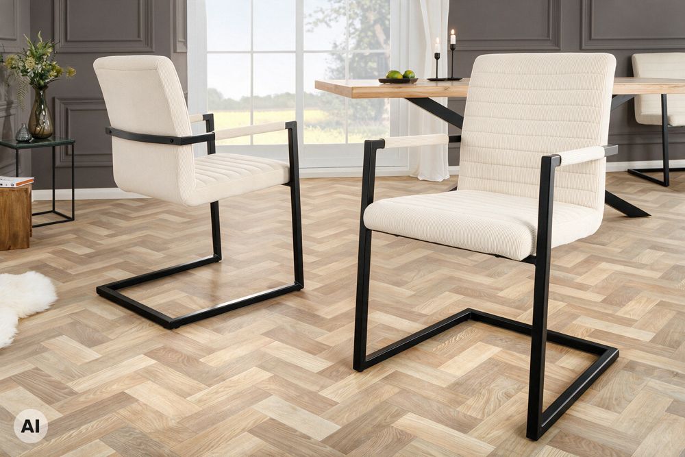 Industrial Freischwinger LOFT beige Cord schwarz Eisen mit Armlehne