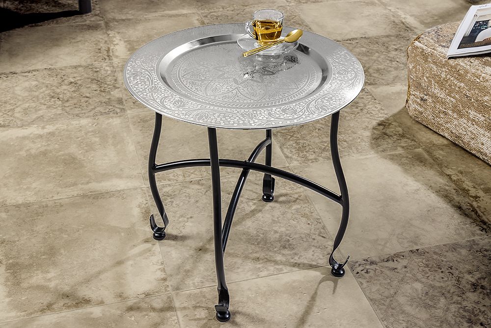 Runder Beistelltisch MARRAKESCH 40cm silber Teetisch abnehmbares Tablett klappbar