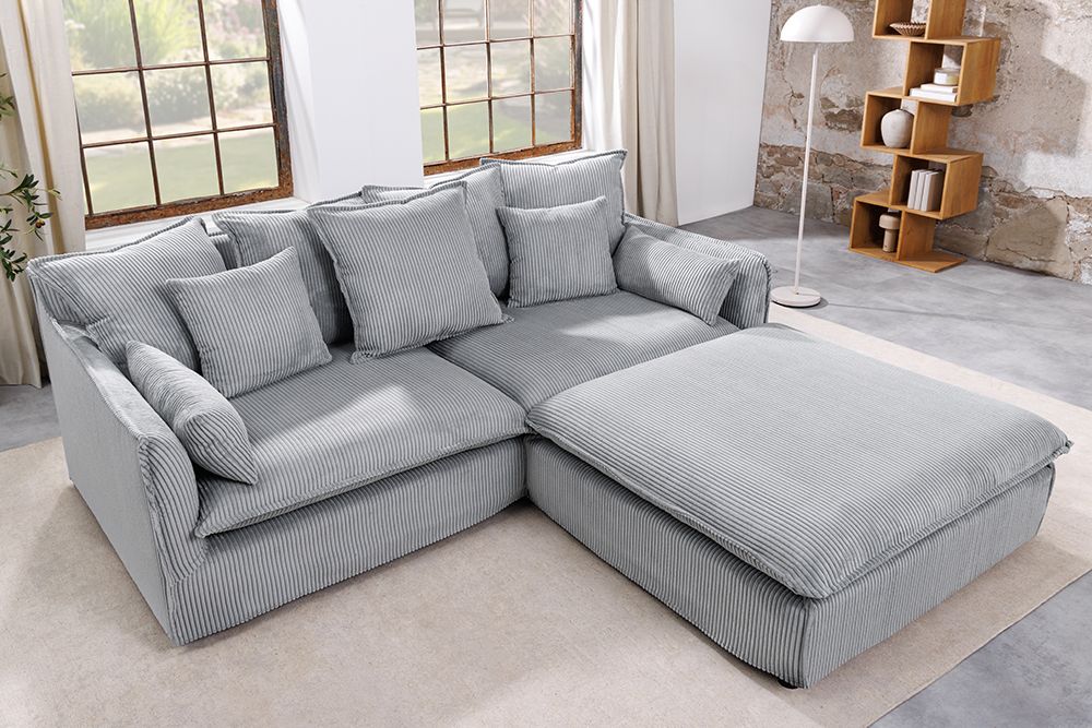 Großer Sitzhocker HEAVEN 100cm hellgrau Cord Federkern Sofahocker abnehmbarer Bezug