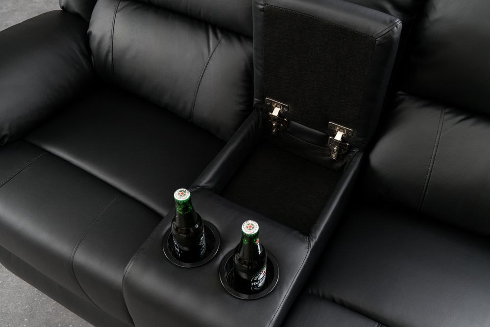 Exklusiver 2er Kinosessel HOLLYWOOD 190cm schwarz mit Liegefunktion und Getränkehalter