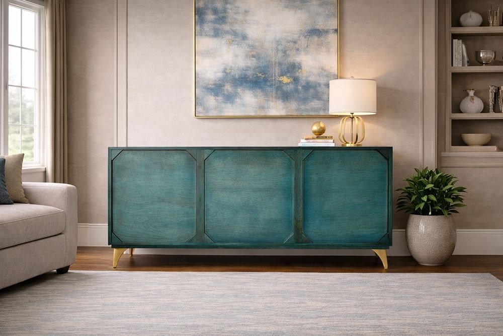 Handgearbeitetes Sideboard GOLDEN SUNSET 140cm türkis mit 3D Schnitzereien gold Mangoholz Metallbeine