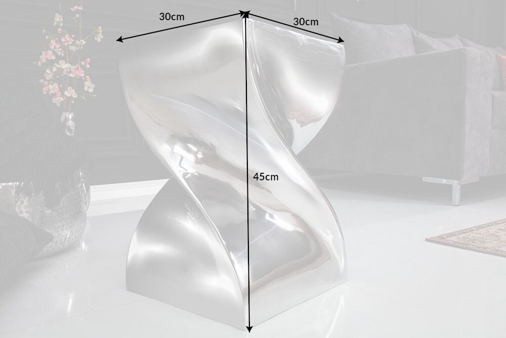 Skulp­tu­raler Beistelltisch TWIST 45cm silber Aluminium poliert Sitzhocker Modern Design