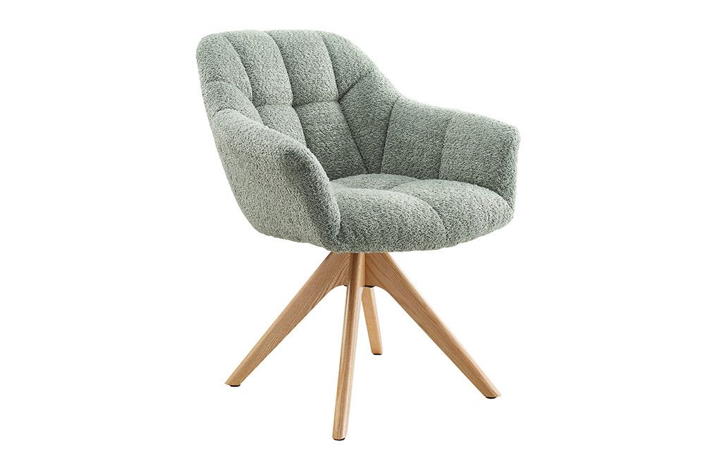 Drehbarer Stuhl PAPILLON salbei Bouclé natur Eiche Massivholz mit Armlehne