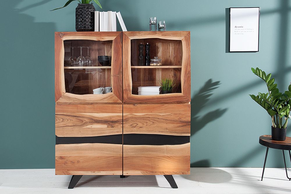 Massives Highboard AMAZONAS 140cm Akazie Metall Vitrine Baumkante
