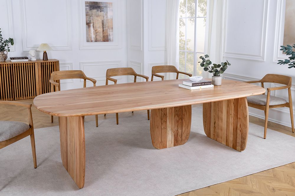Design Esstisch SCULPTURA 240cm natur Akazie Massivholz mit skulpturalem Wangenfuß