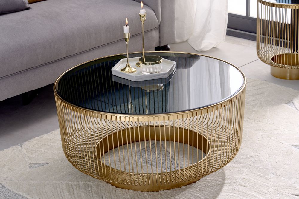 Runder Couchtisch VARIATION 80cm gold Metallgestell Schwarzglas Handarbeit