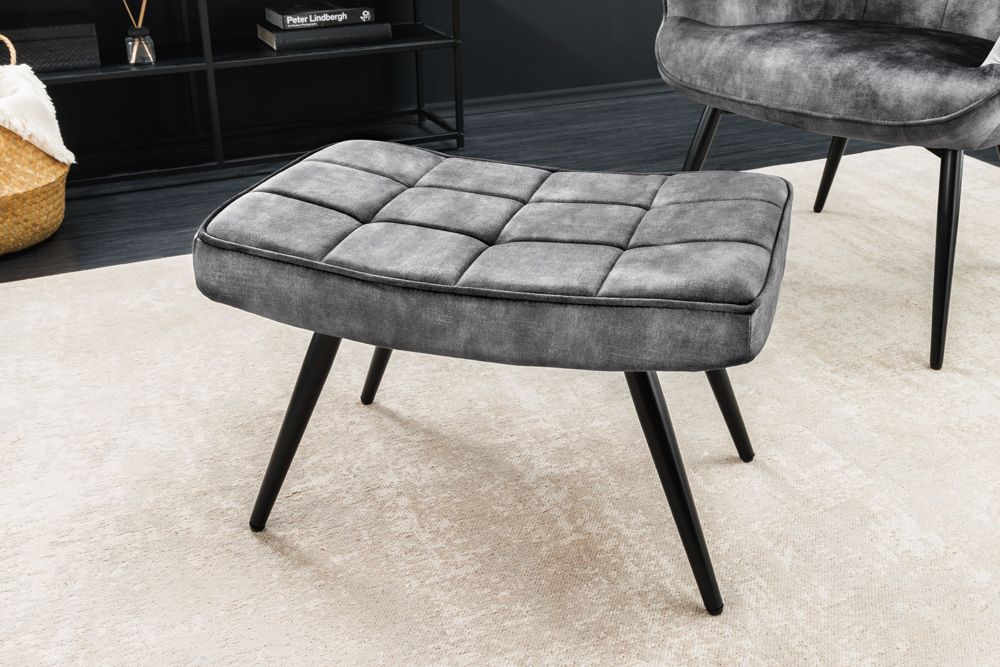 Moderner Hocker SCANDINAVIA grau Samt schwarze Metallbeine Fußhocker