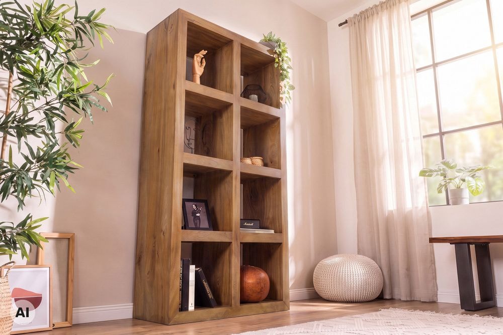 Massives Regal MAKASSAR 180cm braun honey finish Mangoholz 8 Fächer handmade