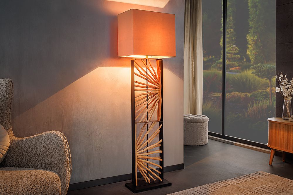 Handgefertigte Stehlampe EUPHORIA 165cm natur Longanholz beige mit Lampenschirm