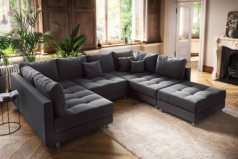 Moderne XXL Wohnlandschaft KENT 305cm anthrazit Federkern Bigsofa inkl. Hocker