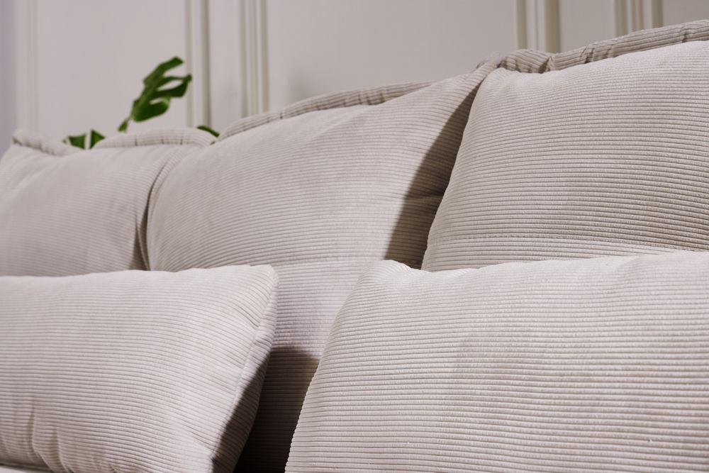 Modernes Ecksofa DESIGNO 250cm champagner beige Cord Couch inklusive Kissen Metallfüße