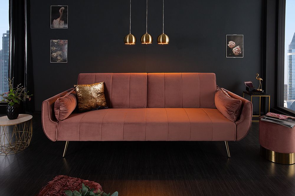 Retro Schlafsofa DIVANI 220cm altrosa Samt goldene Metallfüße 3-Sitzer mit Bettfunktion