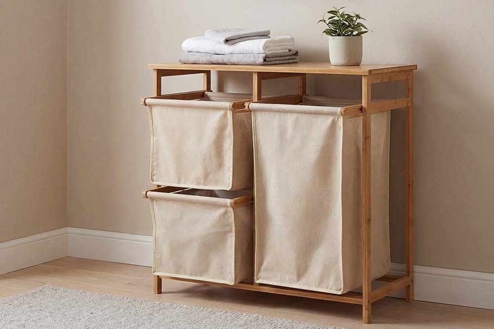 Massivholz Wäschekorb LAGOON SPA 70cm natur beige Bambus drei Wäschebeutel waschbar