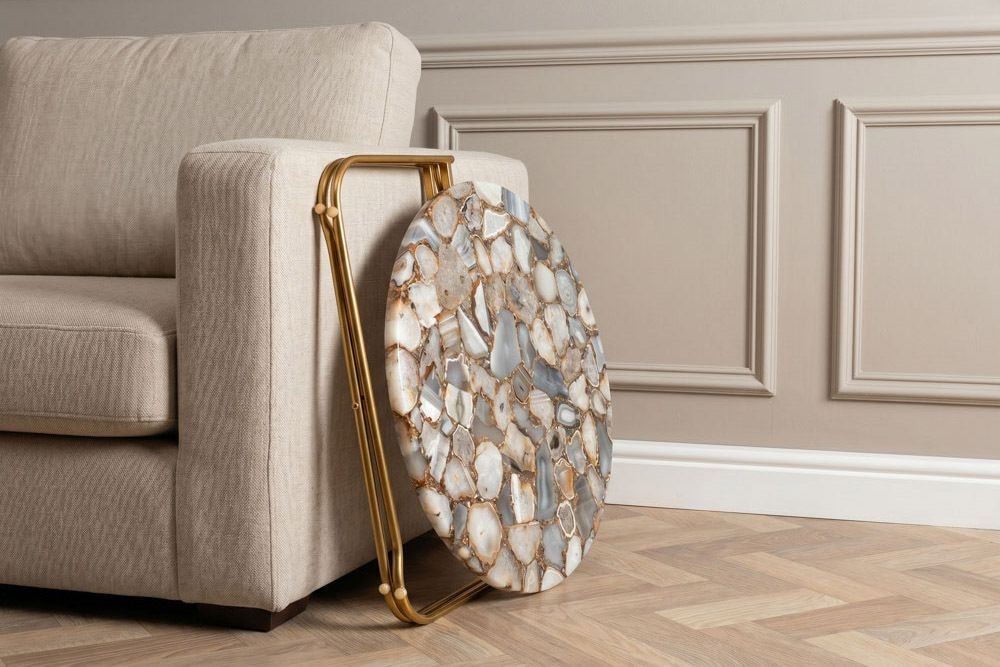 Runder Couchtisch NOBLE 65cm Edelstein Achat abnehmbare Tischplatte goldenes Metallgestell