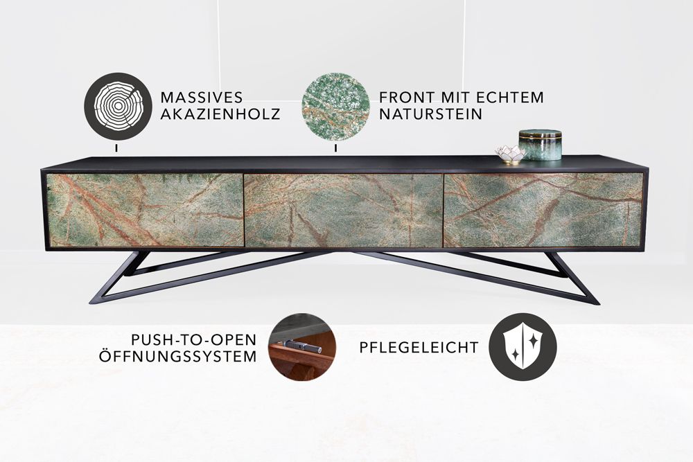 Massivholz TV Lowboard MOUNTAIN SOUL 200cm echter Naturstein Akazie schwarz hängend / stehend
