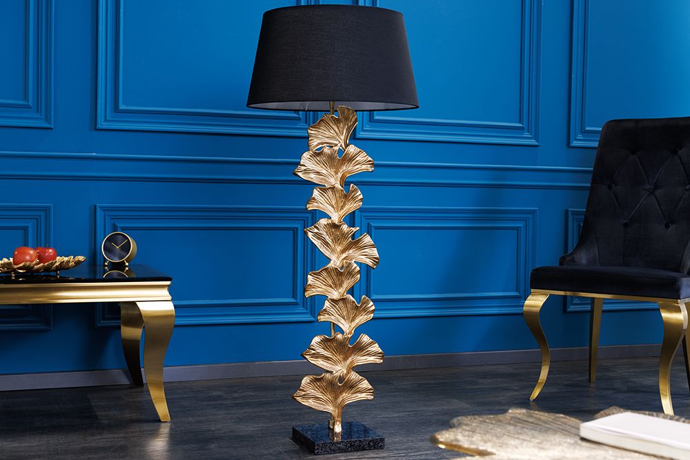 Design Stehlampe GINKGO 122cm schwarz Stoffschirm gold Metall handmade Marmor-Fuß