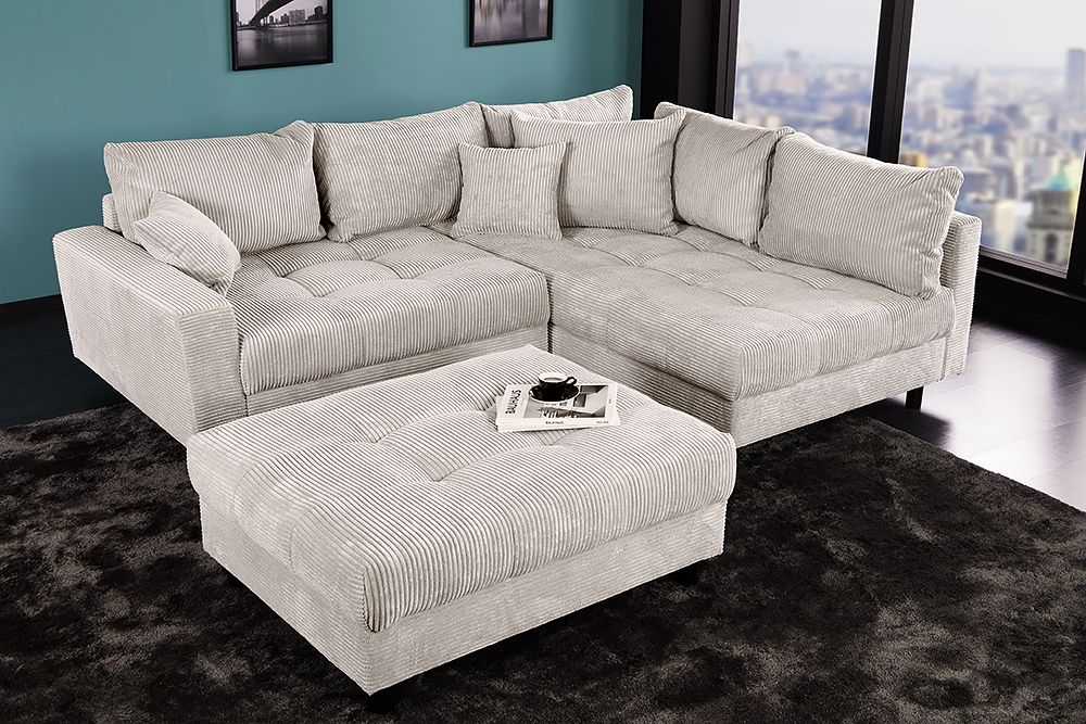 Modernes Ecksofa KENT 220cm beige Cord inkl. Hocker Federkern L-Form Wohnlandschaft