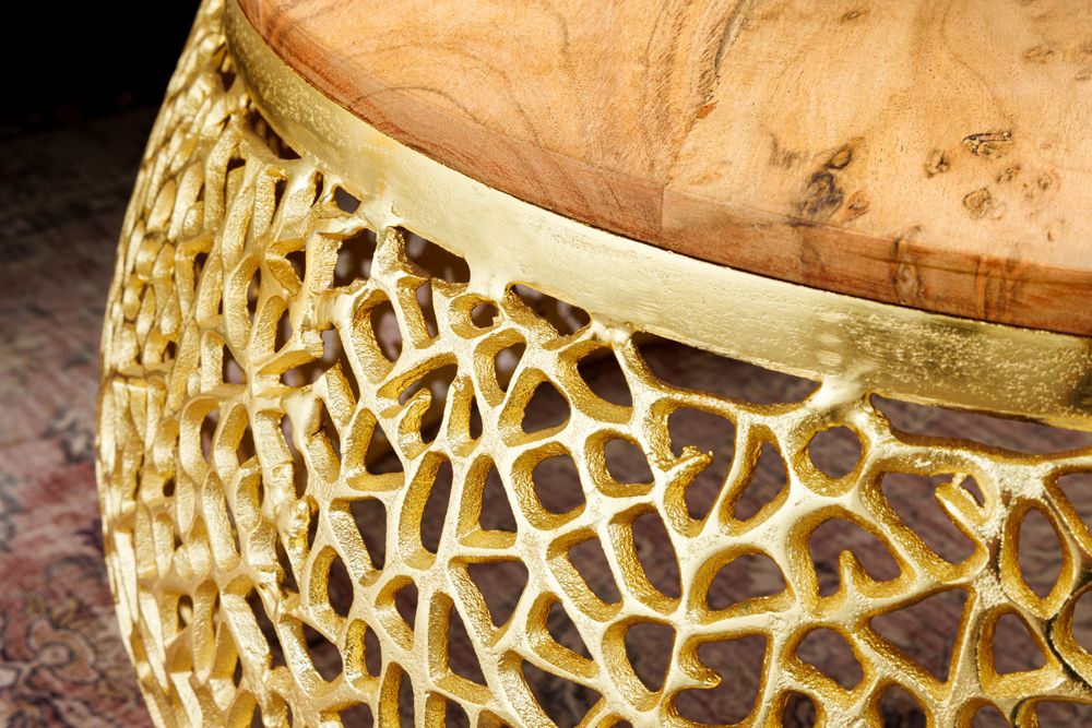 Runder Couchtisch ABSTRACT LEAF 75cm gold Metall massiv Akazienholz filigrane Handarbeit